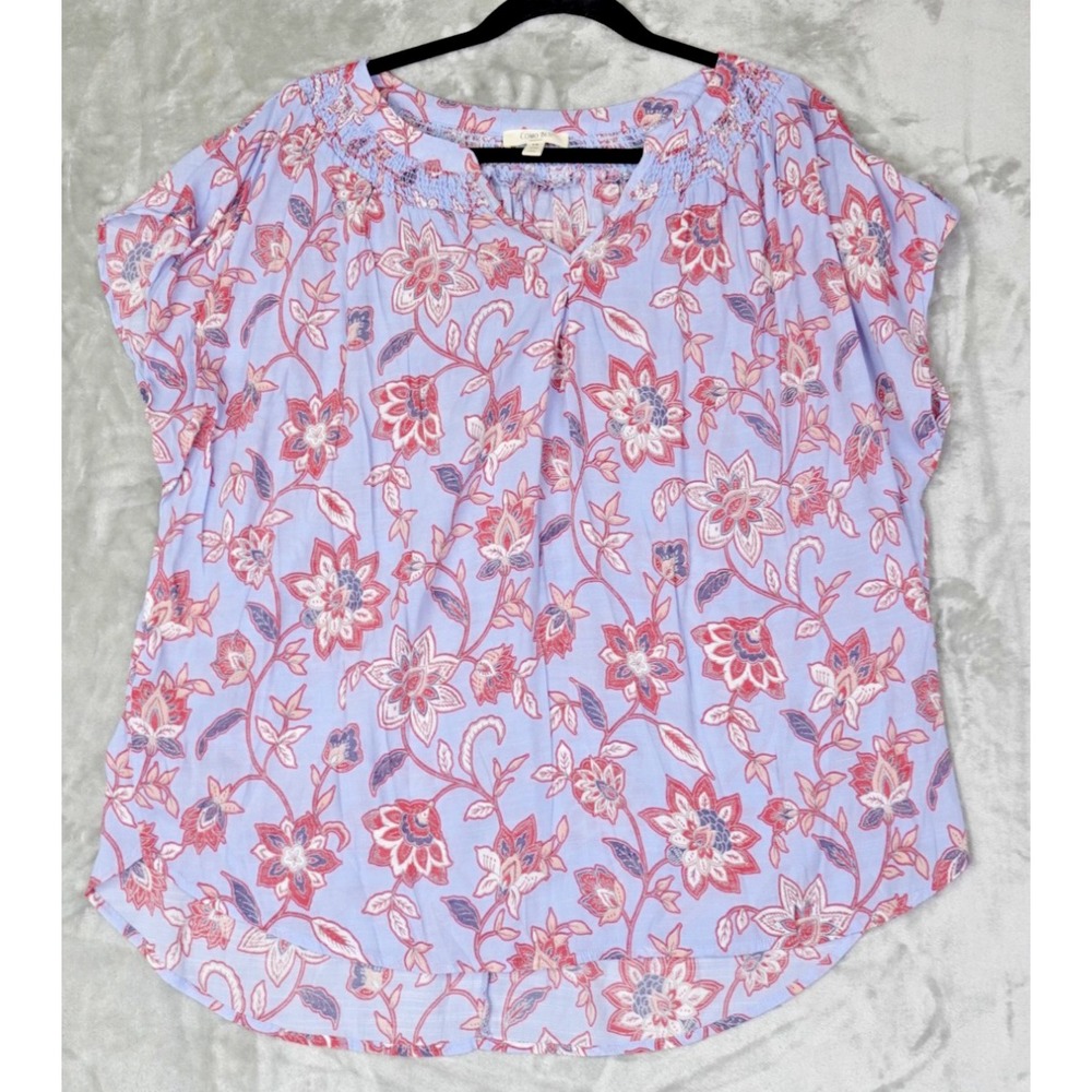 Como Blue Women's 1X Floral Blouse Smocked‎ Neckline Boho Lightweight Top